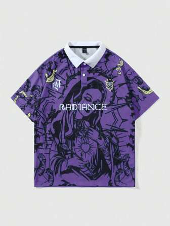 Men's Slogan Print Virgin Mary Short Sleeve Polo Shirt
