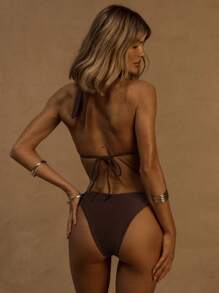 Musera Resort Áo bikini cổ yếm với chi tiết viền ở giữa, thích hợp cho kỳ nghỉ hè ở Ibiza, đi biển, mùa xuân. - Màu nâu Sô-cô-la - Xem 3
