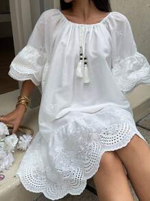 SHEIN EZwear Vacation Dress  Women's Vacation Burnout Embroidered Tie Front Bell Sleeve Solid Color Loose Dress
