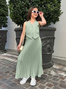 Firerie Kids Firerie Kids Conjunto informal para niña preadolescente Nova Glow compuesto por una chaqueta corta sin mangas de unicolor emparejada con una falda larga plisada de cintura alta, atuendo de uso diario