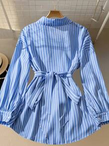 SHEIN LUNE Áo sơ mi dài tay đèn lồng trang trí kim loại cho nữ, thanh lịch và thời trang - Xanh và trắng - Xem 2