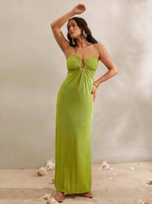 Silquee Women's Lime Green Tube Top Long Glitter Knitted U-Shaped Metal Button Dress,Elegant Summer Casual Beach Vacation Holiday Outfits,Stretch Slit Dress - Lime Green - View 3