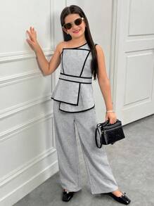 SHEIN 青少年女孩休闲简约舒适不对称领口无袖撞色边衬衫和裤子套装 - 杏色 - 查看 4