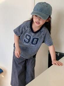 DAZY Young Girl Summer Casual Printed Color Blocking Denim Short Sleeve Blouse