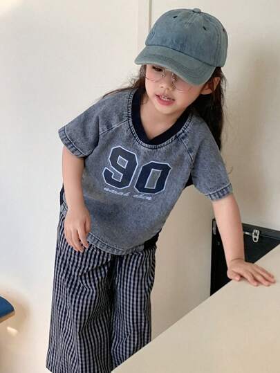 DAZY Young Girl Summer Casual Printed Color Blocking Denim Short Sleeve Blouse