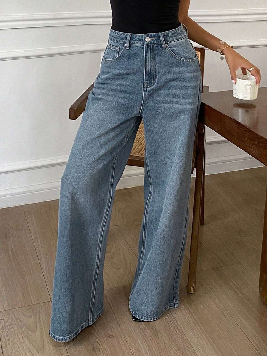 Livesso 女式宽松休闲直筒牛仔裤，带口袋，女士休闲纽扣、口袋、拉链自然阔腿长蓝色宽松女式牛仔裤，春/秋，休闲日常穿着 - 藍色 - 查看 1