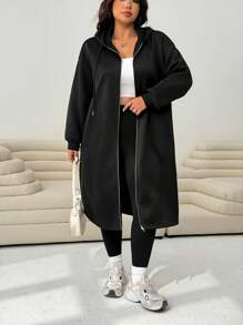 Solflare Black Plus Size Women Casual Fleece Drop Shoulder Zip-Up Drawstring Hooded Jacket,Fall,Winter,Back To School,Business Casual,Office Outfits,Work,Teacher,Warm,Fall Clothes For Women Autumn