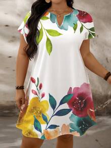 EMERY ROSE Vestido de verano de manga de murciélago con cuello en V con muesca y estampado floral para mujeres de tallas grandes, ropa de Navidad