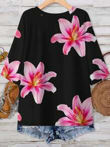 EMERY ROSE Casual Versatile Vacation Style Lily Floral Print Minimalist Loose T-Shirt, Suitable For Summer, Plus Size Suitable For Going Out - Multicolor - View 2