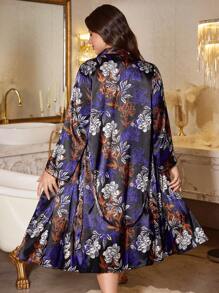 MuseNap CURVE Conjunto de vestido de satén con estampado floral y bata de talla grande, ropa de otoño e invierno - Negro - Ver 2
