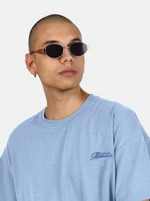 SUMWON 夏季俱乐部摩纳哥图案设计 T 恤欧洲风格橙色柑橘印花棉混纺休闲街头服饰度假休闲装 - 霧霾藍 - 查看 5