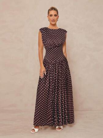 Lumalex 波尔卡圆点印花 V 领腰部修饰超大喇叭下摆女式连衣裙，无袖