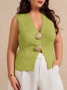 Elaquor Plus Size Women Metal Shell Decor V-Neck Knitted Sweater Vest In Fall/Winter - Green - View 6