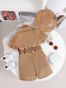 女婴优雅时尚休闲简约牛仔短袖连体衣搭配渔夫帽套装，夏季 - 卡其色 - 查看 2