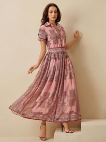 Anewsta New Spring/Summer Resort Style Print Chiffon Short Sleeve Waist Tie Collar Shirt Dress For Women