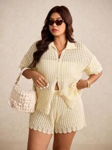 Elaquor 大码女式纯色镂空短袖单排扣针织上衣和针织短裤套装