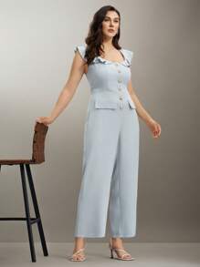 SHEIN Clasi Plus Size Women Square Neck Ruffle Metal Buckle Decor Jumpsuit, Spring/Summer Birthday Women Outfits 90s Fashion Women Old Money Outfits - Green - View 1