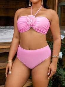 Swim Vcay Plus Size Women 3-Piece Solid Color High Elasticity Casual Beach, Pool & Spa Elegant Halter Neck Bikini Set Set For Summer Beach Vacation - Baby Pink - View 5