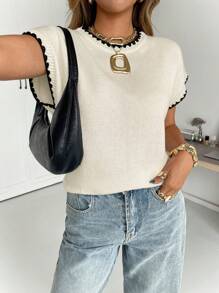 Siren Gaze Blusa de punto casual, versátil, de cuello redondo y manga corta con ribete de color contrastante para mujer