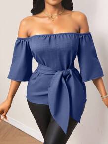 SHEIN LUNE Women's Casual Ruffle Off Shoulder Blouse, Suitable For Work, Vacation And Commute - Blue - View 5