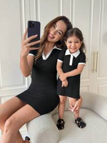 SHEIN Babygirl 可爱针织拼色黑白领短袖迷你连衣裙，夏季 - 黑與白 - 查看 4