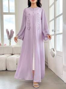 Al Najma 女士心形亮片拼布长袖阿巴亚和服 - 淡紫色 - 查看 4