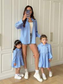 SHEIN Babygirl Cute Preppy Style Blue Long Sleeve Collar Dress, Mommy And Me Matching Outfits (2 Pieces Sold Separately) - Blue - View 6