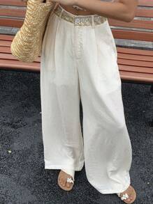 Livesso Women's Summer Solid Color Ribbon Decor Elastic Waist Loose Casual Long Pants - White - View 7