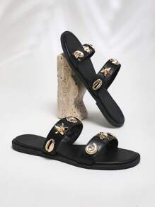 SHUZIA New Hot 2025 Women's Black Pu Double Strap Slider Sandal Slip-On Gold Seashell Design Non-Slip Beach Sandal Shoe Vacation Spring Summer Mother's Day Present - Black - View 2