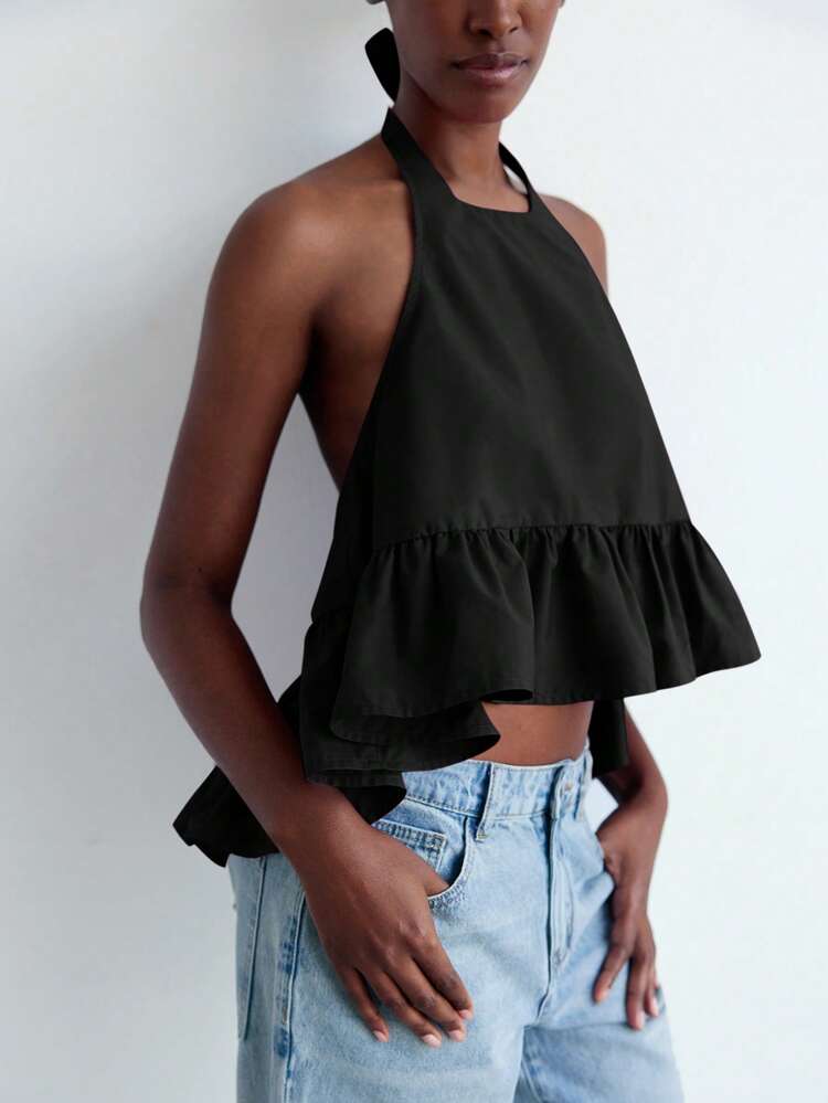 SHEIN Maija Black Halter Backless Ruffle Hem Loose Summer Urban Style Women's Top, Versatile For Business Casual, Vacation, Wedding Guest, Strapless