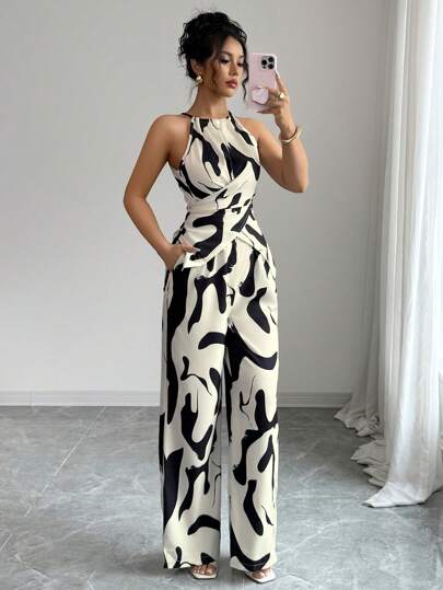 Selianne Women's Printed Fabric Pleated Camisole Set, Suitable For Holidays And Everyday Wear, Elegant And Graceful