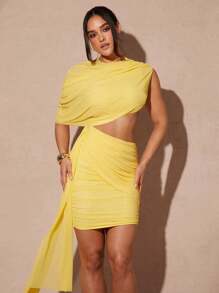 Silquee Vestido mini plisado con diseño asimétrico de cinta y parche de color amarillo crema para damas, vestido popular para verano, adecuado para citas románticas, bodas, salidas nocturnas, vacaciones elegantes en la playa, verano sexy, adecuado para citas, vacaciones, playa, adecuado para citas diarias, fiestas, reuniones - Amarillo - Ver 4