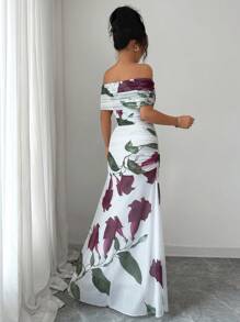 Modelyn Women's Off Shoulder Ruched Mesh Printed Summer Dress - White - View 2