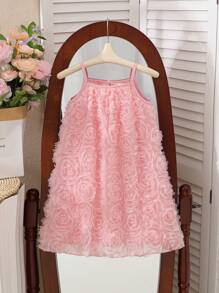 Girls' Summer Pink Fairy Flower Girl Dress,3D Floral Mesh Sleeveless Round Neck Slip Dress,Elegant Kids Casual Stylish Outfits For Daily Outings - Pink - View 3
