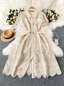 Reflora Plus Size Fashion Embroidered Collar Tie Waist Elegant Women Dress