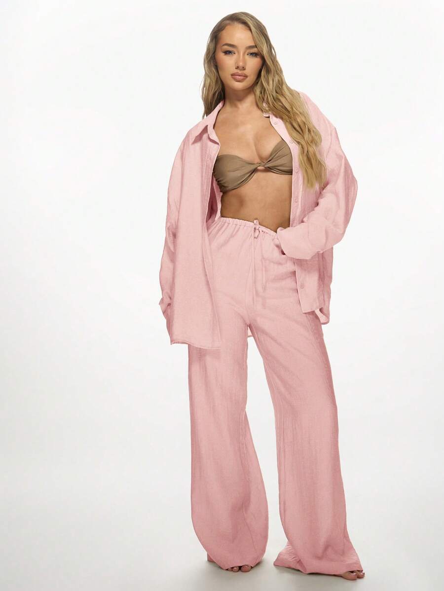 MISSGUIDED Quần dài đi biển Palazzo bằng vải lanh và áo sơ mi cài nút mặc đi nghỉ dưỡng tiệc tùng ngày lễ - Hồng - Xem 1