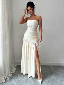 Elenzga Fashionable New Solid Shiny Fabric Strapless Long Flowy Skirt Ruched Waist Slit Hem Dress, Suitable For Weddings, Graduation Parties, Dates, Vacations