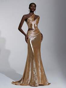 Elitara Vestido elegante, romántico, sexy, minimalista, de color dorado, con tela recubierta, asimétrico en los hombros, con recortes, drapeado, de silueta ceñida, con cola de pez, con cola drapeada, de moda, sensación en internet, para fiestas, vacaciones, cumpleaños, bodas y eventos formales - Dorado - Ver 4