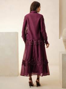 Anewsta Bộ váy dài 2 món thời trang thanh lịch, cổ áo khoét sâu họa tiết ren và buộc eo, viền ren hoa cho nữ - Màu tím - Xem 2