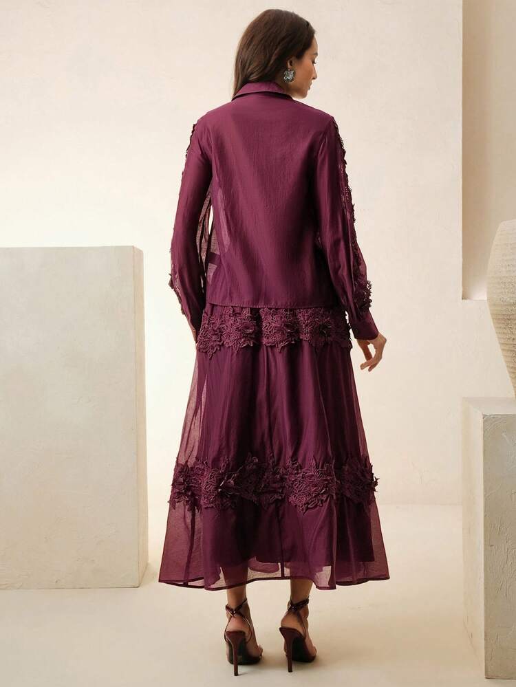 Conjunto de 2 Peças Elegante de Moda para Mulheres: Blusa com Recorte de Renda Floral Vazada e Saia Longa com Bainha de Renda Floral e Cintura com Laço