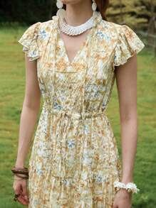 Florisole 女式夏季波西米亚纹理印花系带蝴蝶结V领荷叶边袖连衣裙 - 黃色 - 查看 6