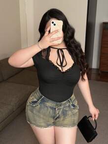 Vibekara 时尚黑色蕾丝系领长袖优雅T恤上衣 - 黑色 - 查看 5