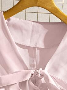 SHEIN Clasi 女士两件套服装，夏季新款优雅休闲蝴蝶结系带无袖衬衫和短款百褶裙套装 - 粉色 - 查看 3