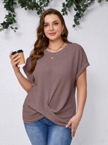 SHEIN Clasi Áo thun tay ngắn cổ tròn đơn giản giản dị cỡ lớn - Bụi hồng - Xem 7