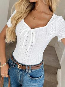 Easowa Eyelet Embroidery Knot Front Tee - White - View 5