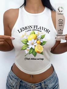 SHEIN EZwear Casual Minimalist Fresh Lemon Flower Pattern Round Neck Bodycon Tank Top, Suitable For Summer, Back To School, Spring Break, Girls Trip, Beachwear, Natural Women Tank Tops Lemon Tank Top Graphic Tank Tops Summer Tank Tops White Tank Top - White - View 9