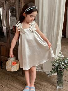 LMoss Kids 年轻女孩平纹编织 3D 花卉贴身休闲吊带背心连衣裙 - 杏色 - 查看 1