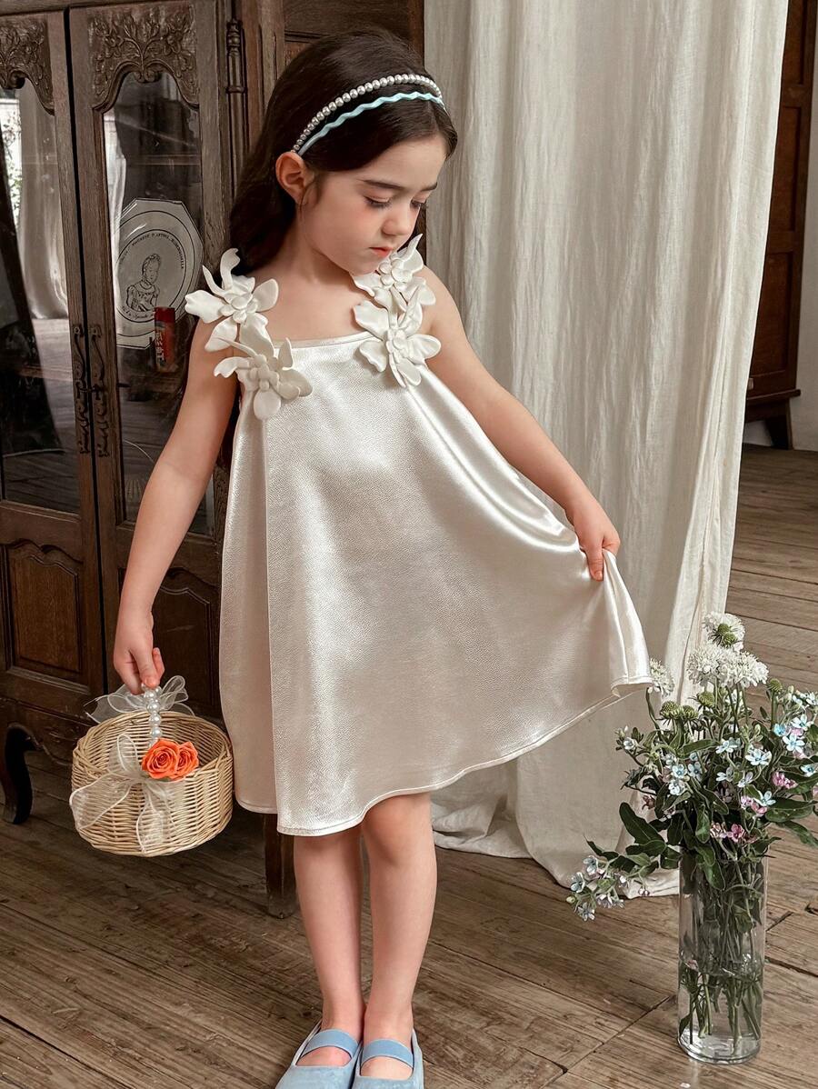 LMoss Kids 年轻女孩平纹编织 3D 花卉贴身休闲吊带背心连衣裙 - 杏色 - 查看 1