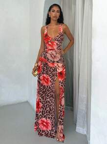 Glamine Leopard Floral Pattern Women Long Dress, Stretchy Jersey Fabric, Sexy Elegant Beach Sundress For Summer Holiday--Floral Pattern Random Fall Women Clothes Back To School