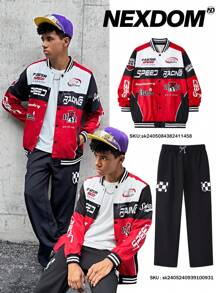 SHEIN Chaqueta informal de béisbol para adolescente con bloques de color, logotipo y estampado en inglés, manga larga con puño acanalado y tejido plano para abrigo, estilo urbano